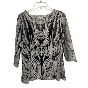 3169)Ultra Pink Embroidery Boho Black White 3/4 Sleeve Top w/ Camie Size Small